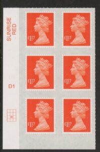 U2937  £1.17 orange-red 2B  M17L Cyld. D1  grid position  R3 C2 SBP  Plain DLR  U/M (MNH)