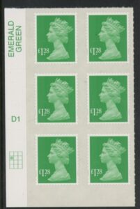 U2939 £1.28 emerald green  M14L cyld. D1 grid position R2 C1 DLR.  U/M (MNH)