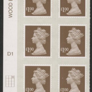 U2934  £1 bistre brown 2B   M12L  cyld. D1 grid position R1 C3  DLR U/M (MNH)