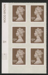 U2934 £1 bistre brown 2B  M12L  cyld. D1  grid position R1 C2   DLR  U/M (MNH)
