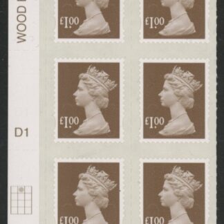 U2934 £1 bistre brown 2B  M12L  cyld. D1  grid position R1 C2   DLR  U/M (MNH)