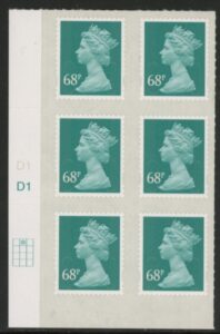 U2926  68p deep turquoise green  M11L  cyld. D1 grid position  R1 C2  DLR  U/M (MNH)