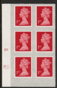U2998  1st brt scarlet 2B  M17L  SBP s/L   Cyld. D1  grid position  R1 C1   DLR U/M (MNH)