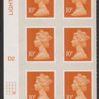 U2923 10p dull orange M14L Cyld D2  grid position R4 C3  DLR U/M (MNH)