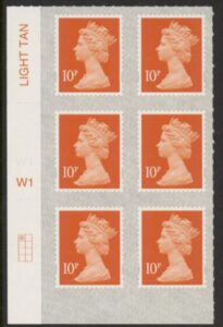 U2923 10p dull orange M18L Cyld W1  grid position R1 C1  SBP  L/s  Walsall U/M (MNH)