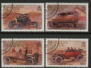 1987 Falkland Islands. SG.555-8  Early Vehicles.  set 4 values. used (CTO)