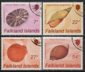 1986 Falkland Islands.  SG.518-21  Seashells set 4 values. used (CTO)