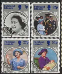 1985 Falkland Islands. SG.505-8 Life & Times of Queen Elizabeth The Queen Mother. set 4 values. used (CTO)