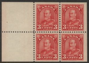 1931 Canada SG.293a  3c scarlet booklet pane of 4 + 2 labels  U/M (MNH)