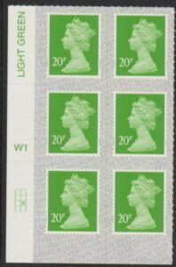 U2924 20p Green M21L Cyld. W1  grid position R3 C2 SBP  s/L  Walsall.  U/M (MNH)