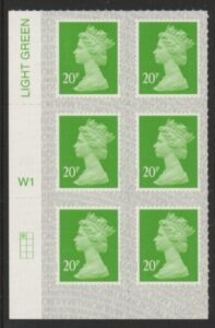 U2924 20p Green M21L Cyld. W1  grid position R1 C1 SBP  s/L  Walsall.  U/M (MNH)