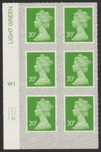 U2924 20p Green M19L Cyld. W1  grid position R4 C2 SBP  s/L  Walsall.  U/M (MNH)