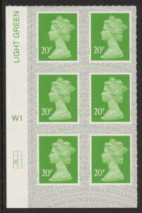 U2924 20p Green M19L Cyld. W1  grid position R3 C1 SBP  s/L  Walsall.  U/M (MNH)