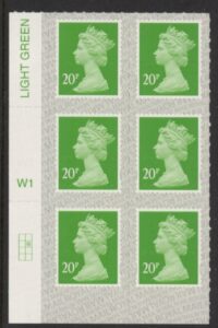 U2924 20p Green M19L Cyld. W1  grid position R2 C2 SBP  s/L  Walsall.  U/M (MNH)