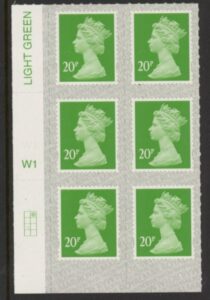 U2924 20p Green M19L Cyld. W1  grid position R1 C2 SBP  s/L  Walsall.  U/M (MNH)