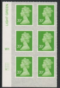 U2924 20p Green M18L Cyld. W1  grid position R4 C1 SBP  L/s  Walsall.  U/M (MNH)