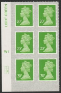 U2924 20p Green M18L Cyld. W1  grid position R3 C2 SBP  L/s  Walsall.  U/M (MNH)