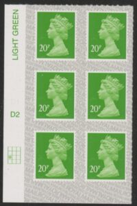U2924 20p Green M17L Cyld. D2  grid position R3 C1 SBP  L/s  DLR.  U/M (MNH)