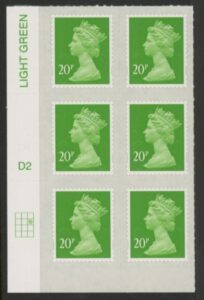 U2924 20p Green M16L Cyld. D2  grid position R2  C3   DLR  U/M (MNH)