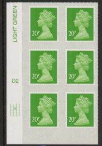 U2924 20p Green M15L Cyld. D2  grid position R2 C2  DLR  U/M (MNH)