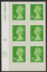 U2924 20p Green M14L Cyld. D2  grid position R2  C1   DLR U/M (MNH)