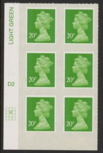 U2924 20p Green MA13 Cyld. D2  grid position R2  C2   DLR U/M (MNH)