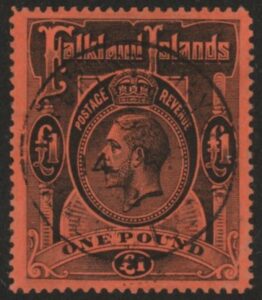 1914 Falkland Islands  SG.69  £1 black/red. fine used.