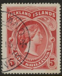 1898  Falkland Islands SG.42 5/- red . fine used.