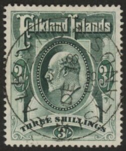 1904 Falkland Islands.  SG.49 3/- green. fine used.