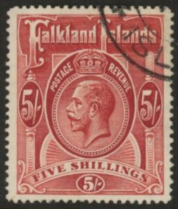 1912 Falkland Islands - SG.67  5/-  deep rose-red. fine used.