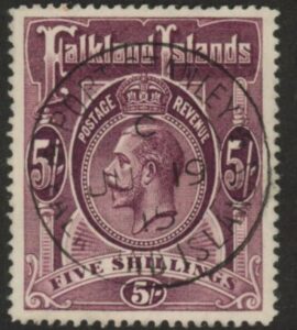 1912 Falkland Islands SG.67b  KGV 5/-maroon. fine used.