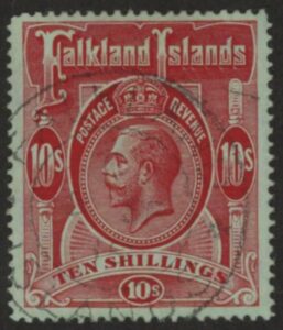 1914 Falkland Islands  SG.68  10/- red/green.  fine used.