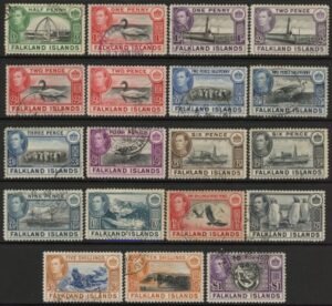 1938-50 Falkland Islands - SG.146-63 KGVI  Definitives Set of 19 values (inc. 150a). fine used.