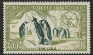 1956 French Antarctic - SG.16 50F Emperor Penguins & Snow petrel. mounted mint