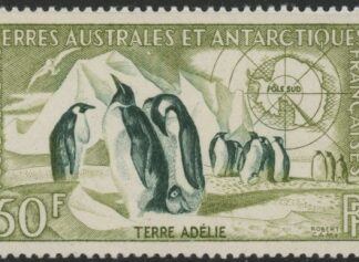 1956 French Antarctic - SG.16 50F Emperor Penguins & Snow petrel. mounted mint