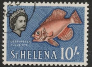 1961 St. Helena SG.188 10s orange-red black & blue used