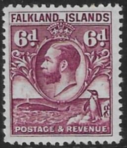 1936 Falkland Islands SG.121a 6d reddish purple. line perf. U/M (MNH).