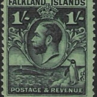 1929 Falkland Islands - SG.122a 1/- black/emerald. line perf. U/M (MNH)