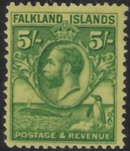 1929 Falkland Islands - SG.124  5/- green/yellow   U/M (MNH)