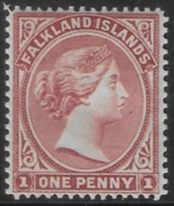 1885 Falkland Islands - SG.7 1d pale claret crown CA sideways watermark. U/M (MNH)
