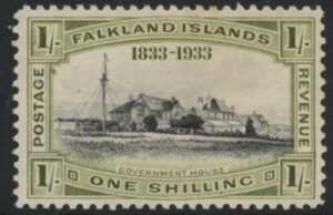 1933 Falkland Islands.  SG.134  1/- black & olive green - KGV Centenary.  mounted mint.