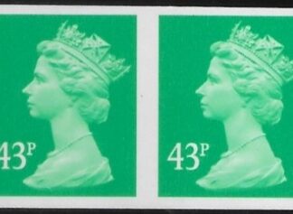 Y1718a   43p  'IMPERF PAIR' 2B emerald. blue fluor. ex sheet   DLR  U/M (MNH)