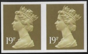 Y1682a  'IMPERF PAIR 19p CB bistre  blue fluor. ex sheet Harrison  U/M (MNH)