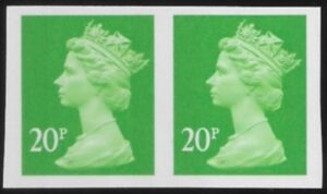 Y1687a  20p 'IMPERF PAIR'  2B  bright green. blue fluor. ex sheet  Harrison/DLR U/M (MNH)