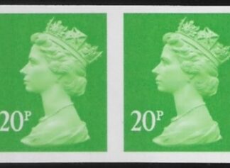Y1687a  20p 'IMPERF PAIR'  2B  bright green. blue fluor. ex sheet  Harrison/DLR U/M (MNH)