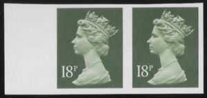 X955a  18p  phos. 'IMPERF MARGINAL PAIR' deep olive-grey  Harrison  U/M (MNH)