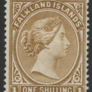 1896 Falkland Islands.  SG.38  1/- yellow brown. Unmounted mint.
