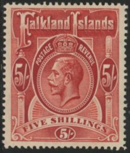1912 Falkland Islands - SG.67  5/-  deep rose-red Unmounted mint