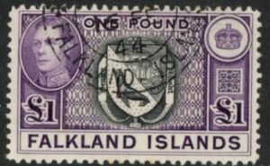 1938 Falkland Islands. SG.163  £1  black and violet Fine Used