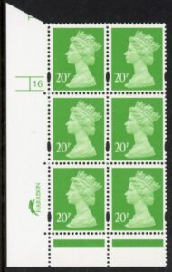 Y1685 (U274)  20p CB bright green Harr/DLR Cyl.16 perf RE no dot phos 46 blue fluor. U/M (MNH)